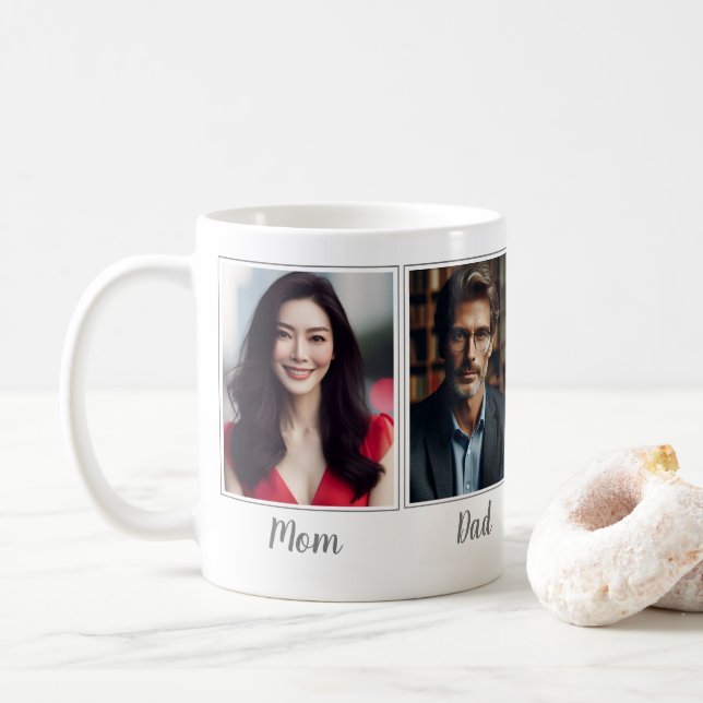 Custom Photo Dark Grey Mum Dad Son Daughter Family Coffee Mug (With Donut)