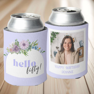 Custom Photo Delicate Florals 50th Birthday Can Cooler