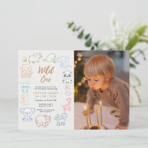 Custom photo Doodle Party Animals 1st Birthday Invitation