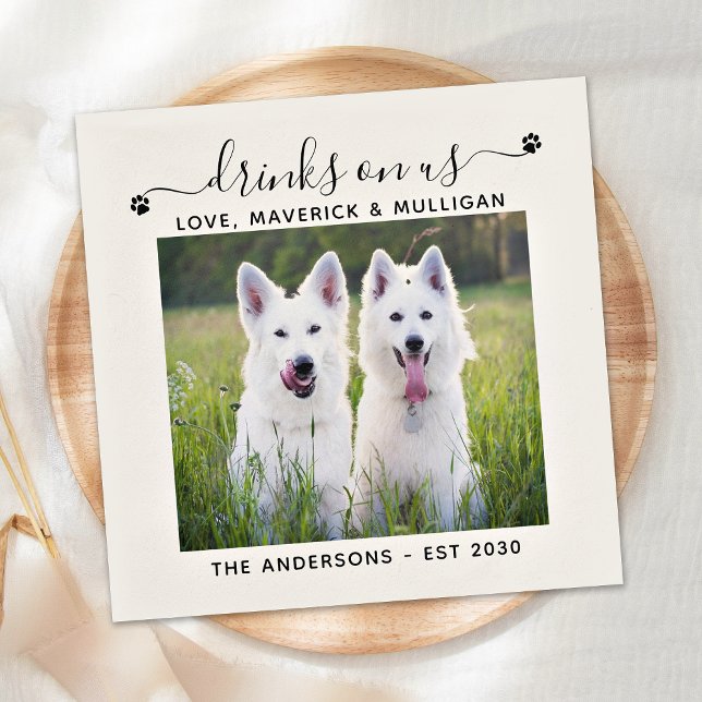 Custom Photo Drinks On Us Dog Bar Pet Wedding Napkin (Creator Uploaded)