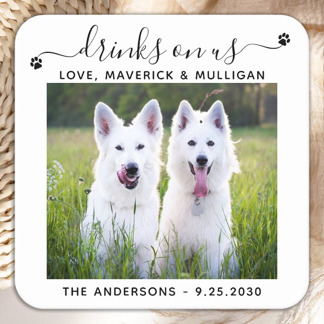 Custom Photo Drinks On Us Dog Bar Pet Wedding Square Paper Coaster (Creator Uploaded)