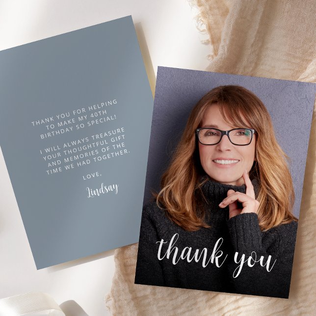 Custom Photo Dusty Blue 40th Birthday Party Thank You Card (Creator Uploaded)