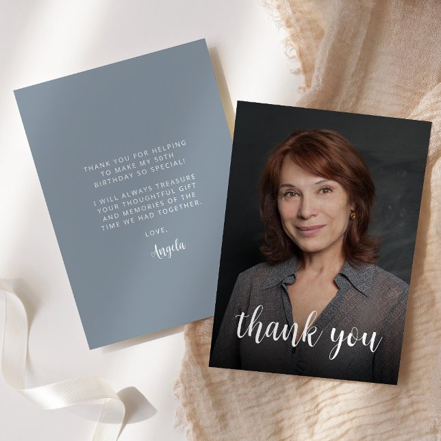 Custom Photo Dusty Blue 50th Birthday Party Thank You Card (Creator Uploaded)