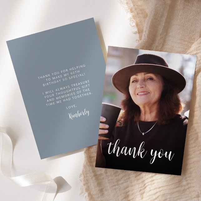 Custom Photo Dusty Blue 60th Birthday Party Thank You Card (Creator Uploaded)