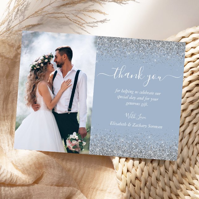 Custom Photo Dusty Blue Silver Glitter Wedding Thank You Card (Creator Uploaded)