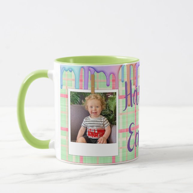 Custom Photo Easter Green Plaid  Mug (Left)