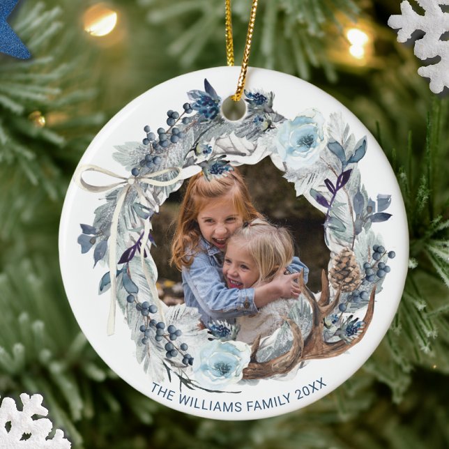 Custom Photo, Elegant Blue White Holiday Wreath Ceramic Ornament (Creator Uploaded)