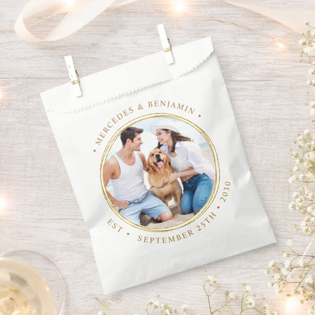 Custom Photo Elegant Gold Personalised Wedding  Favour Bag (Clipped)