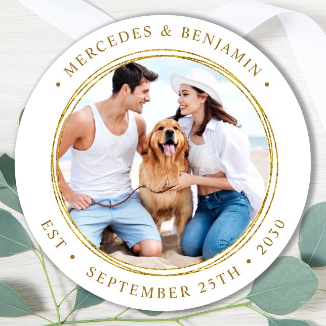 Custom Photo Elegant Gold Wedding Classic Round Sticker (Creator Uploaded)