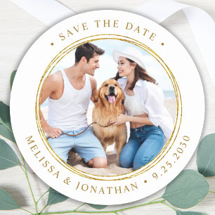 Custom Photo Elegant Gold Wedding Save The Date Classic Round Sticker
