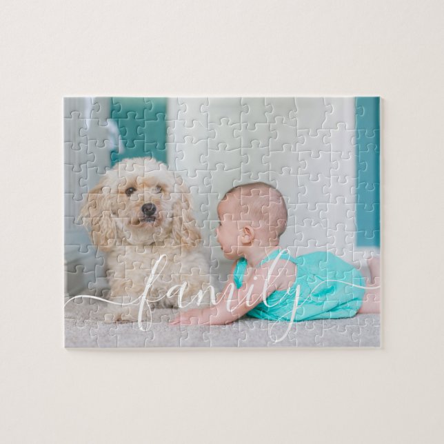 Custom Photo Elegant Hand Lettered Family Script Jigsaw Puzzle (Horizontal)