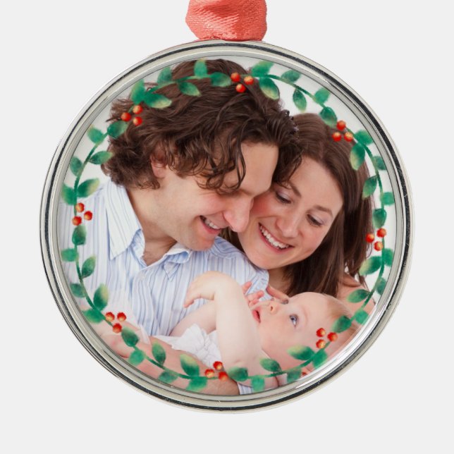 Custom Photo Elegant Holly Wreath Metal Ornament (Front)