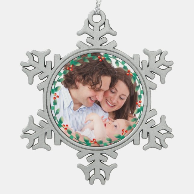 Custom Photo Elegant Holly Wreath Snowflake Pewter Christmas Ornament (Front)