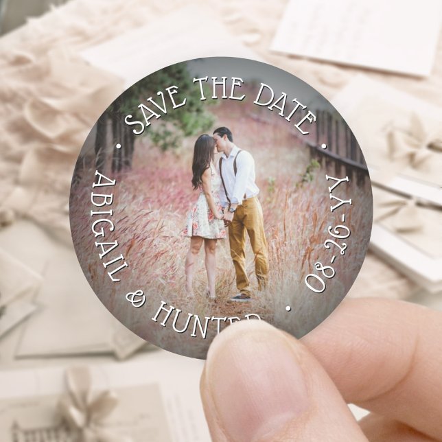 Custom Photo Elegant Modern Save The Date Wedding Classic Round Sticker (Creator Uploaded)