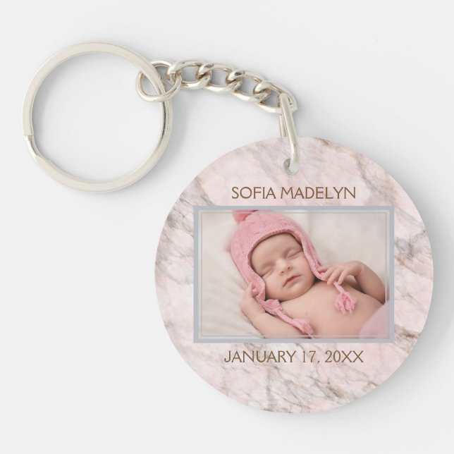 Custom Photo Elegant Pink Grey Marble Pattern Key Ring (Front)