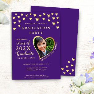 Custom Photo Elegant Purple and Gold Graduation Invitation