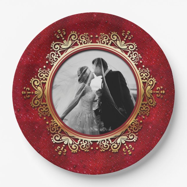 Custom Photo Elegant Red Gold Rose Drops Paper Plate (Front)