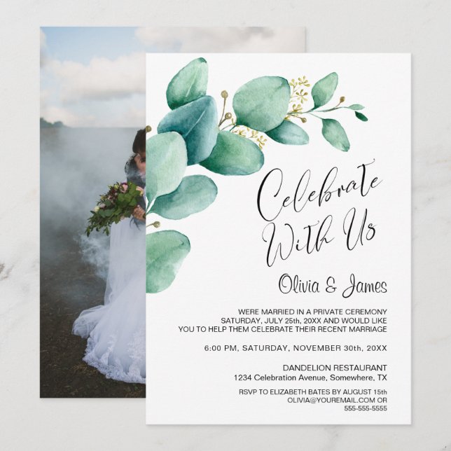 Custom Photo Eucalyptus Leaves Wedding Reception Invitation (Front/Back)