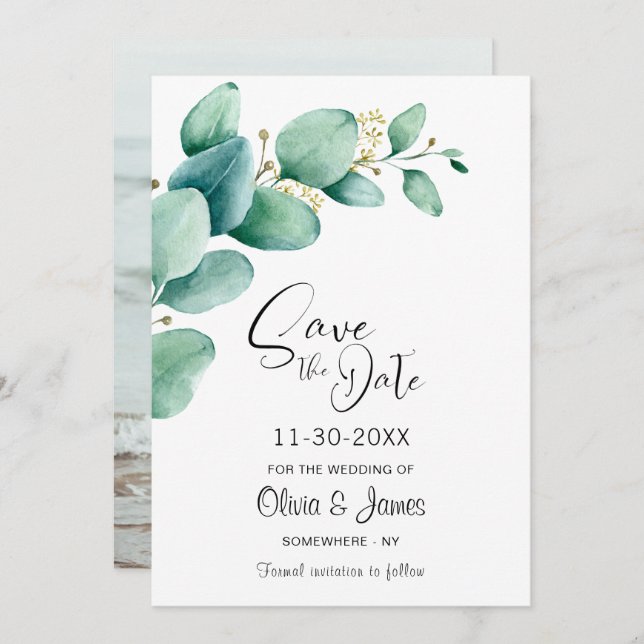 Custom Photo Eucalyptus Wedding Save The Date (Front/Back)