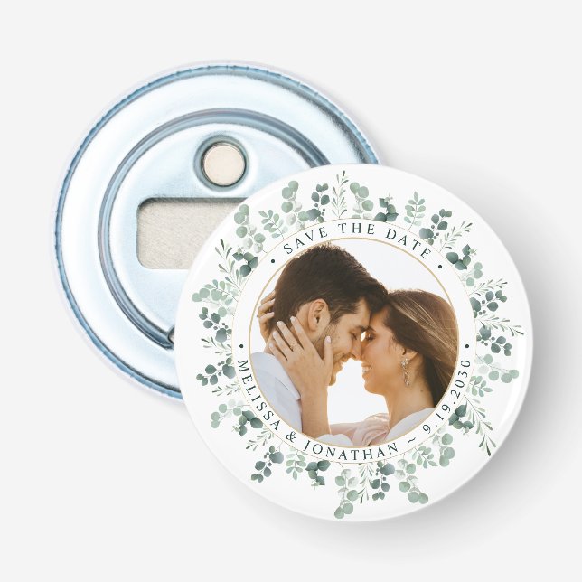 Custom Photo Eucalyptus Wedding Save The Date Bottle Opener (Front)