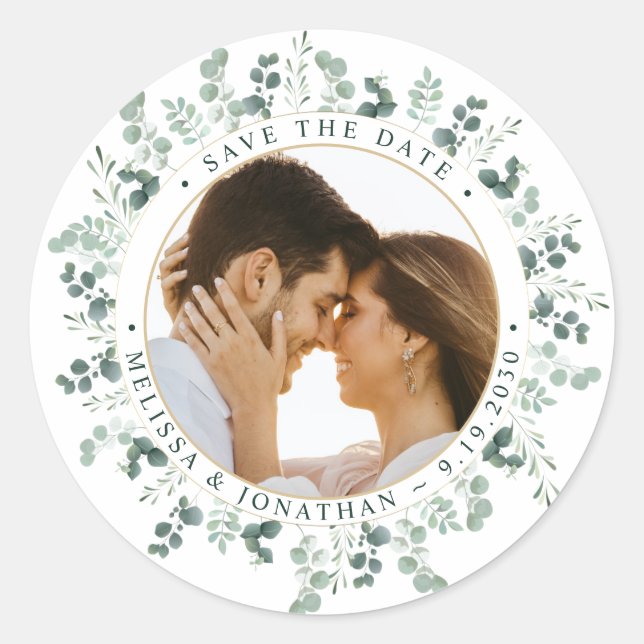 Custom Photo Eucalyptus Wedding Save The Date Classic Round Sticker (Front)