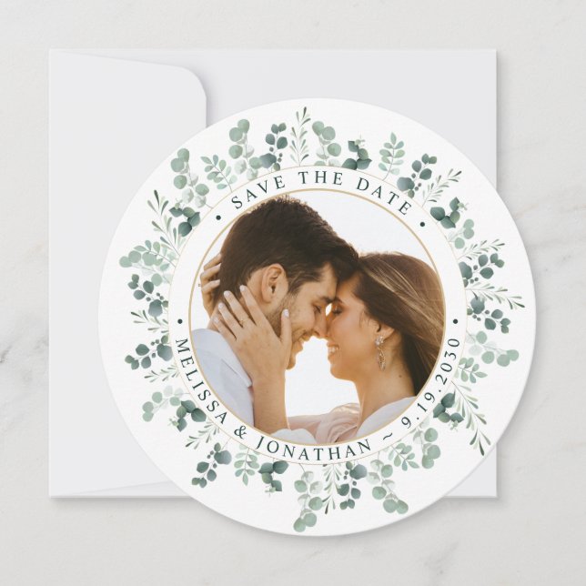 Custom Photo Eucalyptus Wedding Save The Date Holiday Card (Front)