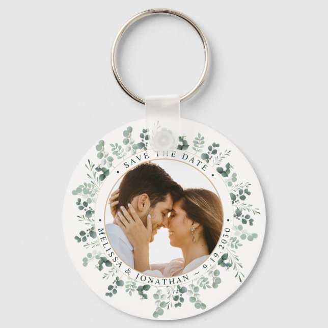 Custom Photo Eucalyptus Wedding Save The Date Key Ring (Front)