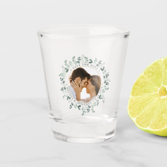 Custom Photo Eucalyptus Wedding Save The Date Shot Glass (Front)