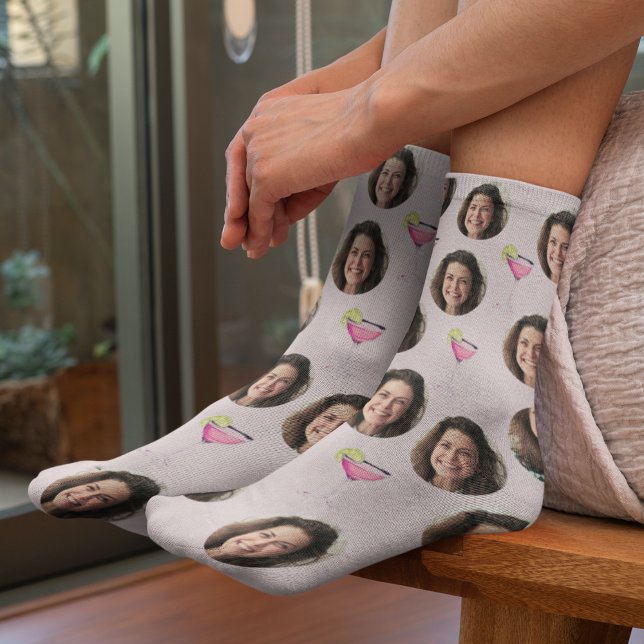 Custom Photo Face & Cocktail | Personalised Pink Socks (Creator Uploaded)