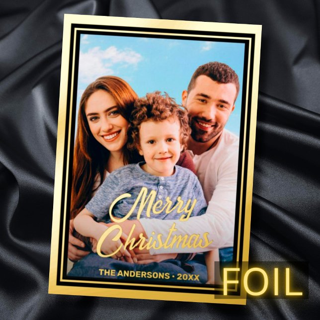 Custom photo Family name Merry Christmas script Foil Holiday Card (Creator Uploaded)