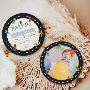 Custom photo, Fast one race car boy 1st birthday Invitation