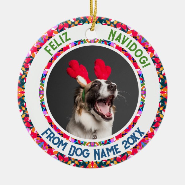 Custom Photo Feliz Navidog First Christmas Dog Pun Ceramic Ornament (Front)