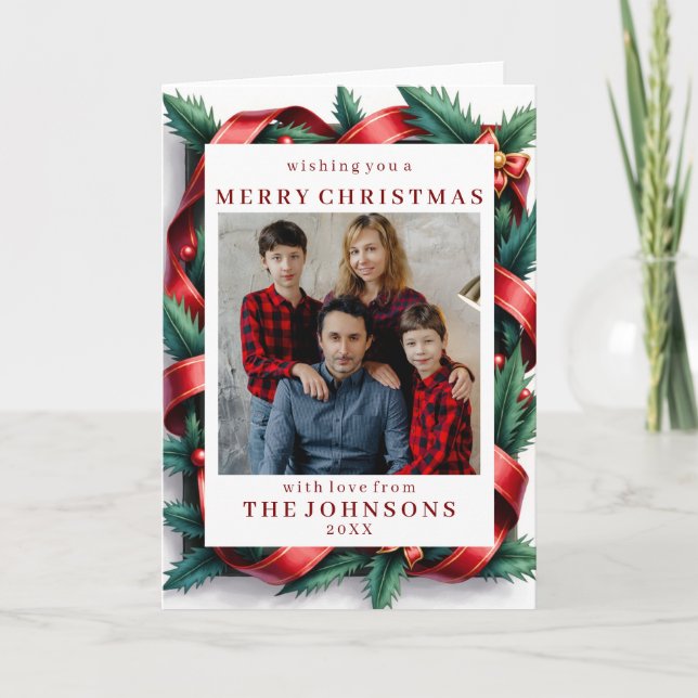 Custom Photo Festive Ribbon Bow Frame Greeting Card (Front)