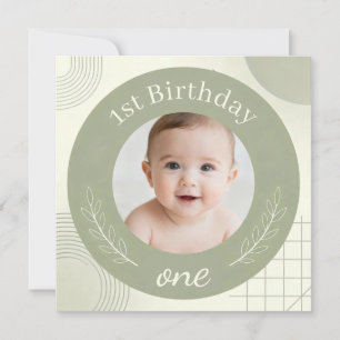 Custom Photo First Birthday - Personalised Sage  Invitation