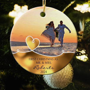 Custom Photo First Christmas as Mr. and Mrs. Ceramic Ornament