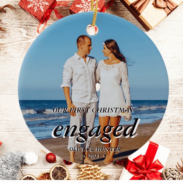 Custom Photo First Christmas Engaged Black Script Ceramic Ornament (Creator Uploaded)