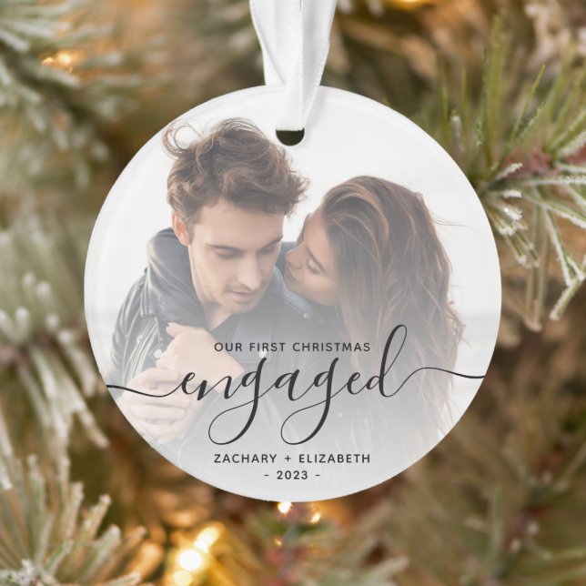 Custom Photo First Christmas Engaged Black Script Ornament (Tree)