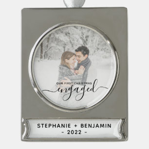 Custom Photo First Christmas Engaged Black Script Silver Plated Banner Ornament