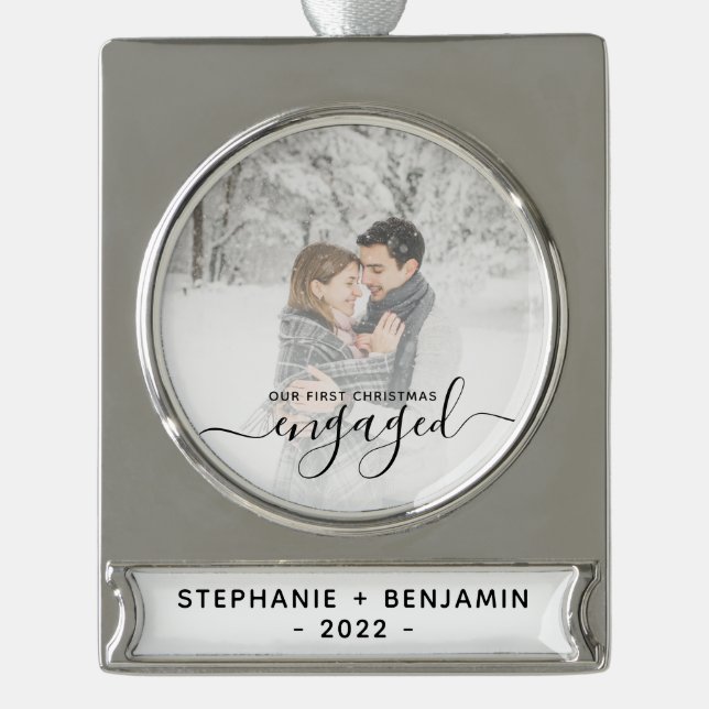 Custom Photo First Christmas Engaged Black Script Silver Plated Banner Ornament (Front)