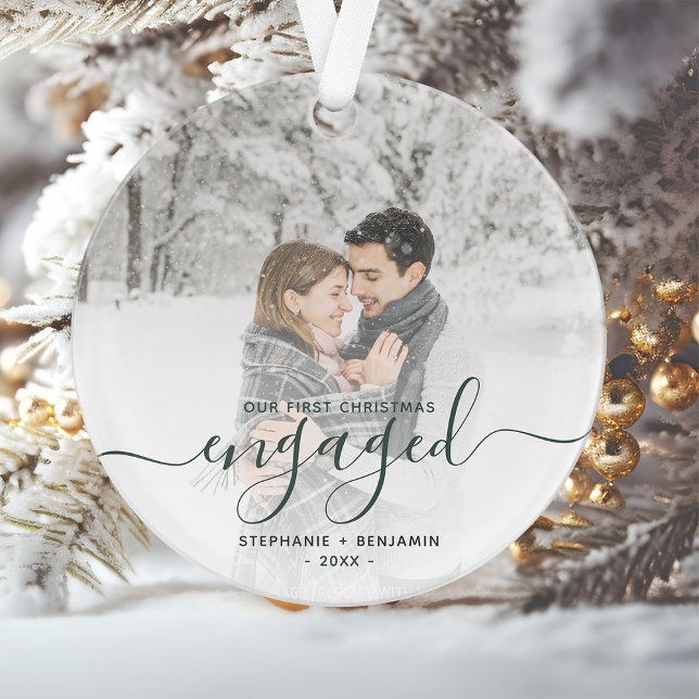 Custom Photo First Christmas Engaged Green Script Ornament (Creator Uploaded)