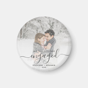 Custom Photo First Christmas Engaged Grey Script Magnet