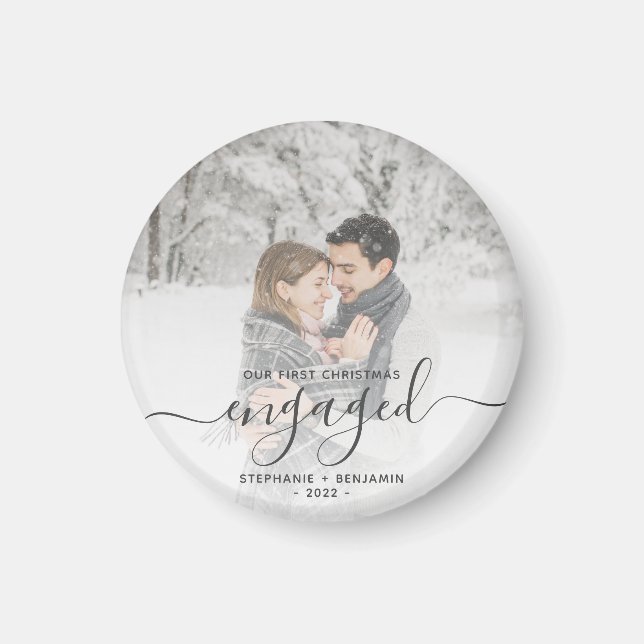 Custom Photo First Christmas Engaged Grey Script Magnet (Front)