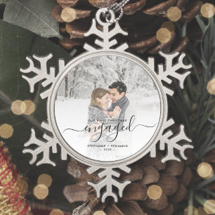 Custom Photo First Christmas Engaged Grey Script Snowflake Pewter Christmas Ornament