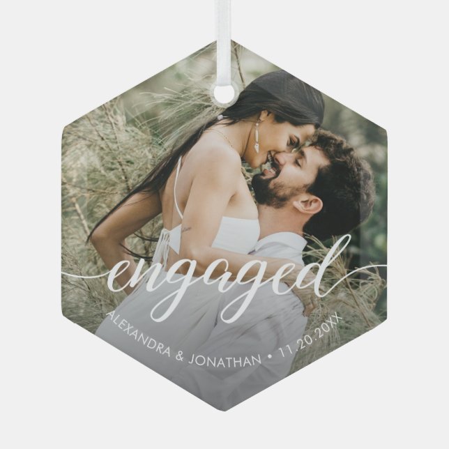 Custom Photo First Christmas Engaged White Script Glass Tree Decoration (Front)