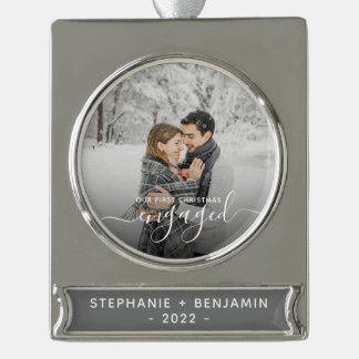 Custom Photo First Christmas Engaged White Script Silver Plated Banner Ornament