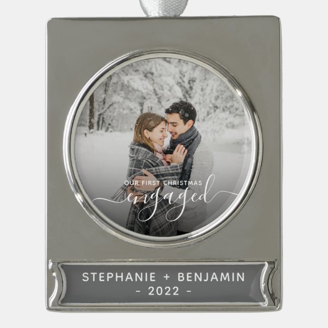 Custom Photo First Christmas Engaged White Script Silver Plated Banner Ornament (Front)