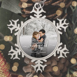 Custom Photo First Christmas Engaged White Script Snowflake Pewter Christmas Ornament<br><div class="desc">Commemorate your engagement with this beautiful modern keepsake ornament. The white text reads "Our first Christmas engaged, " with the word "engaged" in elegant handwriting script with flourishes before and after. Replace the sample image with your favourite photo, and add your names and the year. A black gradient filter helps...</div>