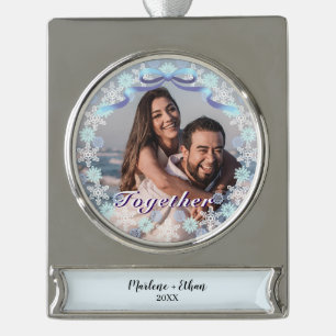Custom Photo First Christmas Together Purple Blue  Silver Plated Banner Ornament