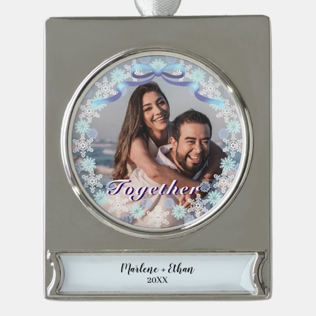 Custom Photo First Christmas Together Purple Blue  Silver Plated Banner Ornament (Front)