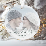 Custom Photo First Married Christmas Green Script Ornament<br><div class="desc">Commemorate the first Christmas of your marriage with this beautiful modern keepsake ornament. The dark pine green text reads "Our first Christmas as Mr & Mrs, " with the words "Mr & Mrs" in elegant handwriting script with flourishes before and after. Replace the sample image with your favourite photo, and...</div>